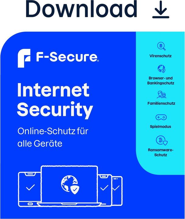 Produktbild F-Secure Internet Security für alle Geräte (ehem. SAFE) 1 Jahr/5 Geräte Download (5 User, 5 Geräte/User, 12 Monate)