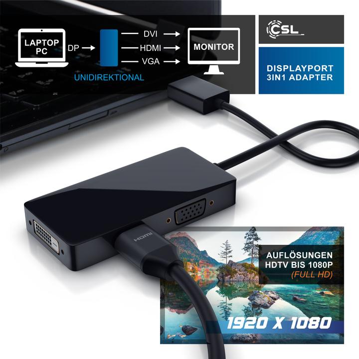 Produktbild CSL 3in1 DisplayPort auf HDMI Adapter, HDMI DVI VGA Video Adapter, 15 cm, Konverter-Kabel, Full HD 1080p (DVI, HDMI, VGA, 10 cm)