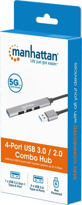 Image du produit Manhattan Hub 4 ports USB-A 3x480Mbit/s 1xGbit/s USB-A mâle (USB-A, 4 Ports)