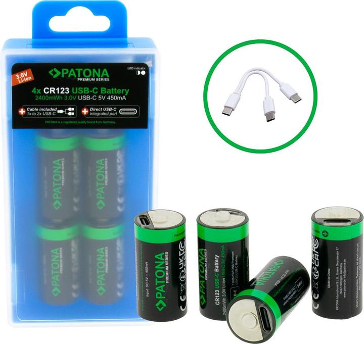Actual product image Patona Premium rechargeable battery 4x CR123 USB-C (4 pcs., RCR123A, 800 mAh)