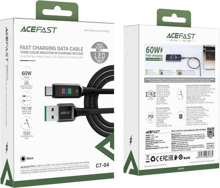 Image du produit Acefast Câble C7-04 USB-A USB-C 60W 1,2m avec écran - noir (1.20 m)