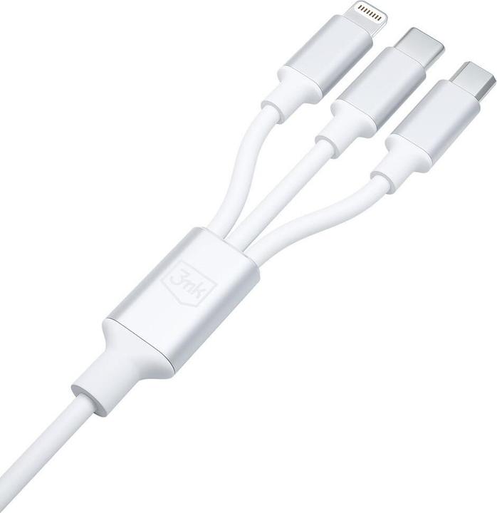 Actual product image 3MK Hyper Cable 3w1 USB-A/USB-C - USB-C/Micro/Lightning 1.5m Biały/White cable (1.50 m, USB 3.2 Gen 1, 12 W)