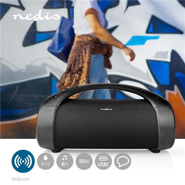 Immagine prodotto Nedis Bluetooth® Party Boombox 6 ore 2.0 50 W Riproduzione multimediale: AUX/USB IPX5 Maniglia di (6 h, Batteria ricaricabile)