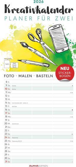 Actual product image Alpha Edition Kreativ-Kalender Planer für 2 2026 - 3 Spalten - 19,5x45 cm - Foto, Malen, Basteln - datiert - (German)