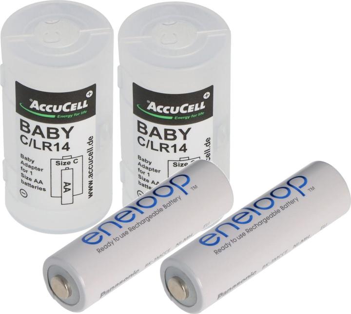 Actual product image Panasonic 2x adapter C, Baby, LR14 and eneloop battery NiMH, Mignon, AA, HR06 (2 pcs., R14, C, 2000 mAh)