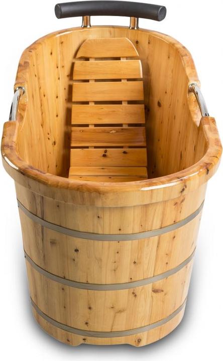 Produktbild PureHaven freistehende Holzbadewanne 135x67 cm aus Zedernholz 120 L ergonomische Formgebung pflegele (120 l, 67 cm, 135 cm)