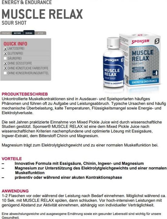 Valori nutrizionali e ingredienti Sponser Rilassamento muscolare (cetriolini sott'aceto, 4 x)