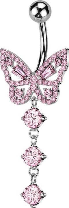 Produktbild Star Piercing Banane silber mit Kugel und Schmetterling Anhänger Kette mit drei Kristallen pink (Messing, Chirurgenstahl 316L)