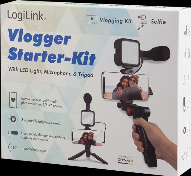 Produktbild LogiLink Vlogger Kit mit LED-Licht, Mikrofon + Stativ, für 4,77" Smartphones
