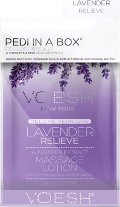 Produktbild Voesh Pedi In A Box Deluxe 4 Step Lavender Relieve (Fussbad, Fusscrème & Fussgel, Fussmaske)