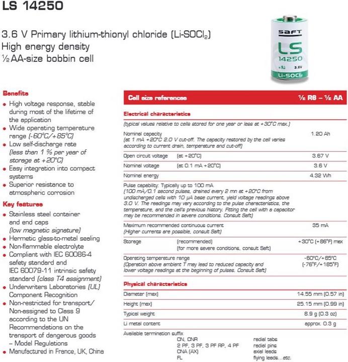 Actual product image Saft Batterie LS14250CNR, Size 1/2 AA, Lötfahnen U-Form (1 pcs., 1/2 AA, 1100 mAh)