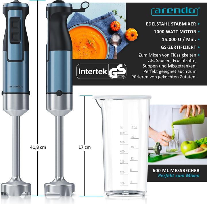 Actual product image Arendo Hand blender 1000W & 600ml measuring jug, stainless steel, hand blender, turbo button, detachable