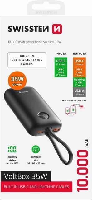 Actual product image Swissten Power Bank Voltbox 35w 10000 Mah with Built-In Cables USB-C and Lightning Black (10000 mAh, 35 W, 35 Wh)
