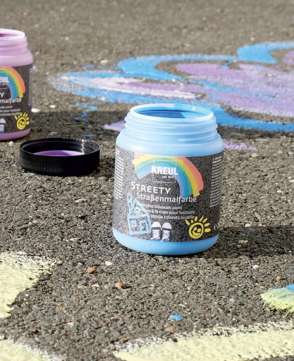 Produktbild Kreul Streety Strassenmalfarbe (Ringelsockenrot, Wolkenweiss, Luftballonlila, Badelatschenblau, Gummientengelb, 6 x)