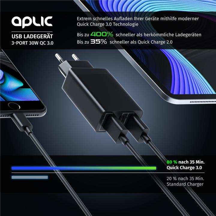 Image du produit Aplic Chargeur USB 3000 mA, 3 ports d'alimentation, Quick Charge 3.0, 2x port USB + 1x port QC 3.0, noir