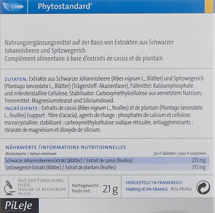 Nährwerte und Zutaten Phytostandarts Pileje  Schwarze Johannisbeere und Spitzwegerich (30 Stück, Tabletten, 36 g)