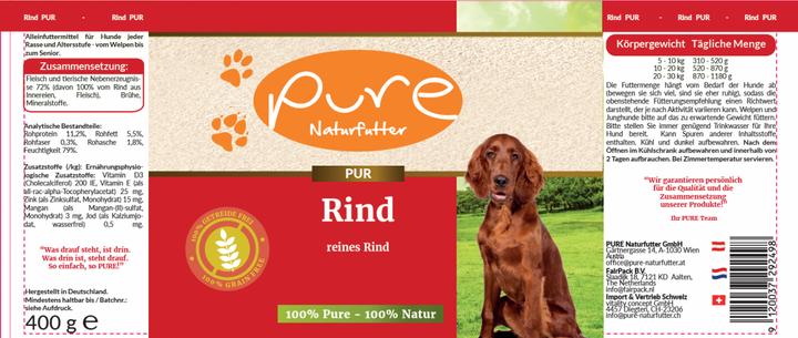 Image du produit Pure Naturfutter Menu pour chien Boîte de viande PUR boeuf (Adulte, 1 pcs, 400 g)