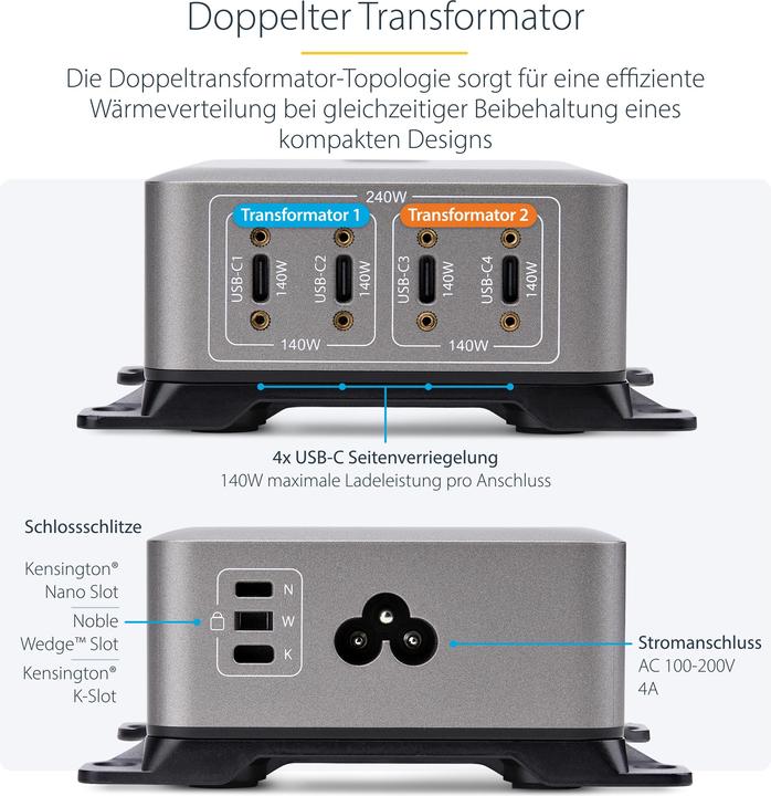 Actual product image StarTech .com 424DEU-USB-C-CHARGER, Drinnen, AC, 28 V, 1,8 m, Grau (240 W)