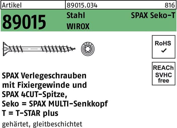 Produktbild Spax Verlegeschraube R 89015 Seko Fixiergew./Spitze/T-STAR 4,5 x 60 -T20 Stahl WIROX (500 Schrauben pro Stück)
