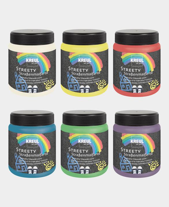 Produktbild Kreul Streety Strassenmalfarbe (Ringelsockenrot, Wolkenweiss, Luftballonlila, Badelatschenblau, Gummientengelb, 6 x)