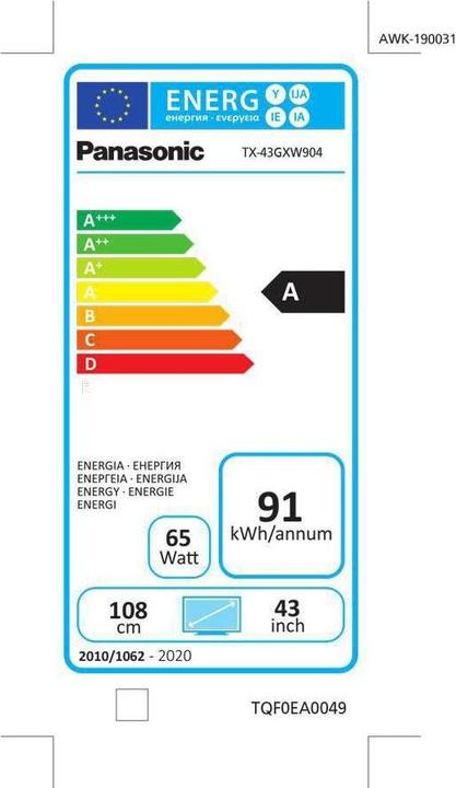 Etichetta energetica Panasonic TX-43GXW904 (43", LCD, 4K, 2019)