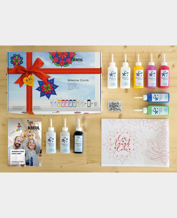 Actual product image Kreul Window Color XXL (Royal blue, Ruby Red, Snow-white, Fawn, Golden yellow, Pink, Glitter gold, Black, Mairün, Glitter Silver, 800 ml)