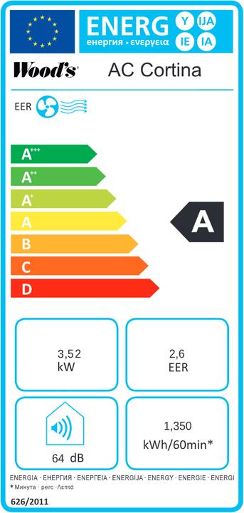 Energy Label Wood's AC Cortina 12K Smart Home (42 m², 12000 BTU/h)