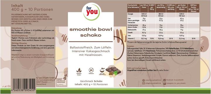 Nährwerte und Zutaten For You smoothie bowl schoko (10 Stück, Pulver, 400 g)