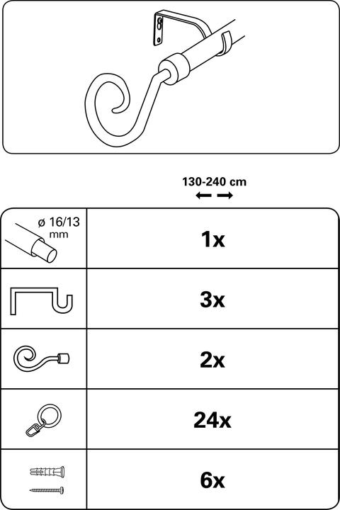Produktbild Gardinia Gardinenstangen Set Hook 1-Lauf Ø 16/13 mm 130 - 240