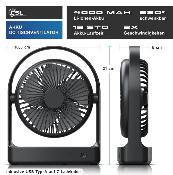 Actual product image CSL Akku Tischventilator, sehr leise, USB Mini Desk Fan, Schreibtischventilator, mobiler Lüfter DC Motor (46.40 dB)