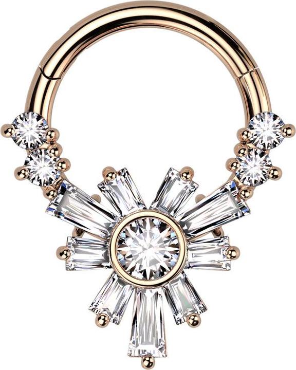 Produktbild Star Piercing Micro Segmentring klappbar rosegold vier runde und Baquette Blume Kristalle silber (Messing, Chirurgenstahl 316L)