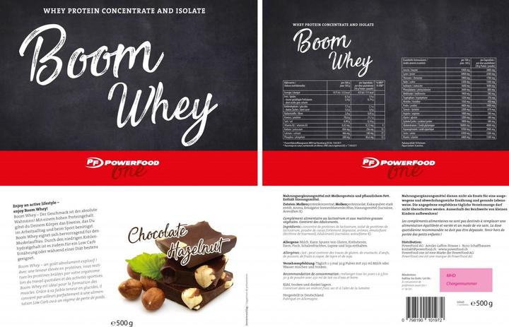 Valori nutrizionali e ingredienti PowerFood One Siero di latte Boom (Cioccolato e nocciole, 1 pz., 500 g)