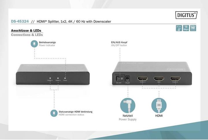 Actual product image Digitus HDMI® Splitter, 1x2, 4K / 60 Hz with Downscaler