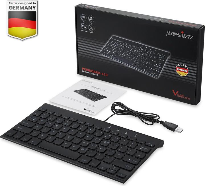 Produktbild Perixx PERIBOARD-429 DE, kabelgebunden, USB Mini Tastatur mit Hintergrundbeleuchtung, schwarz (DE, Kabelgebunden)