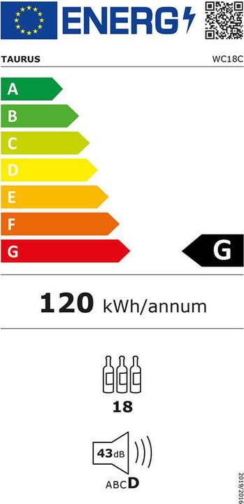 Energie-Label Taurus Chanson 18 Thermoelektrische Weinkühler Freistehend Schwarz, Silber 18 Flasche(n)