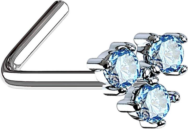 Produktbild Star Piercing Nasenstecker gewinkelt silber mit drei Kristallen aqua (Chirurgenstahl 316L, Messing)
