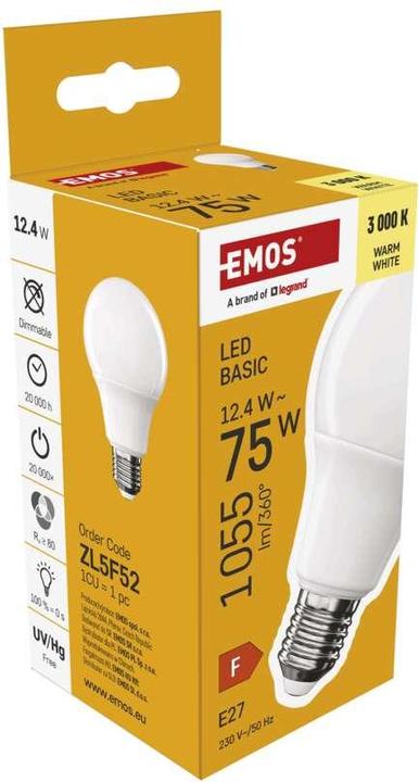 Produktbild Emos LED Lampe Basic A60 / E27 / 12,4 W (75 W) / 1055 lm / Warmweiss (E27, 12.40 W, 1055 lm, 1 x, F)