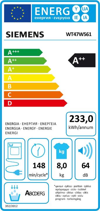 Energie-Label Siemens WT47W561 iQ700 (8 kg, Rechts)