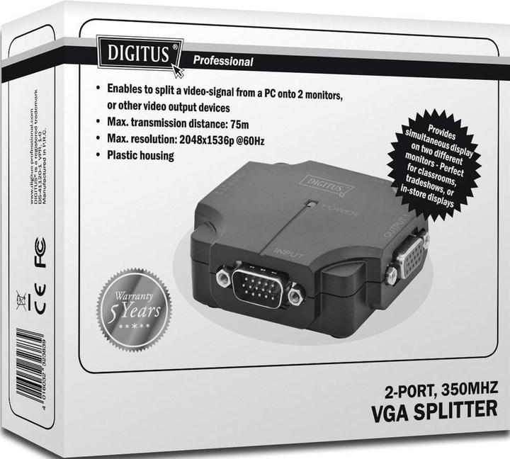 Image du produit Digitus VGA Splitter 2-Port 350MHz int.power amplifier up to 75m max resolution 2048x1536 at 60Hz