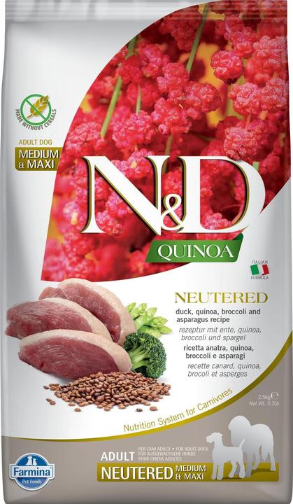 Image du produit Farmina N&D Quinoa Dog Duck Broccoli Asparagus Neutered Adult Medium&Maxi - Nourriture sèche pour chiens (Adulte, 1 pcs, 2500 g)