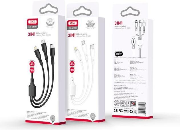 Actual product image xO cable NB230 3w1 USB - Lightning + USB-C + microUSB 1,0m 2,4A white (1 m, USB 3.2 Gen 2, 3 W)