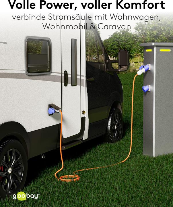 Produktbild Goobay CEE-Adapterleitung, CEE-Stecker auf 1x CEE-Kupplung und 2x Schutzkontakt-Kupplung, 10 m (10 m, CEE 7/3)