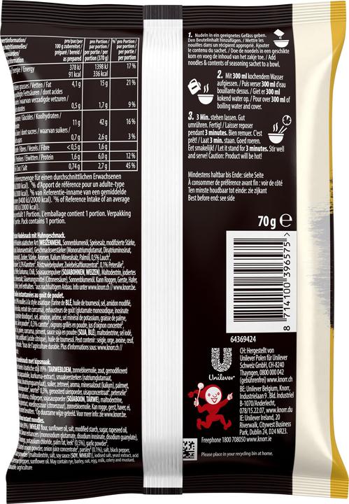 Nutritional values and ingredients Knorr Asia Noodles Chicken bag, instant Asian noodles with chicken & vegetables, prepared in 3 minutes (70 g)