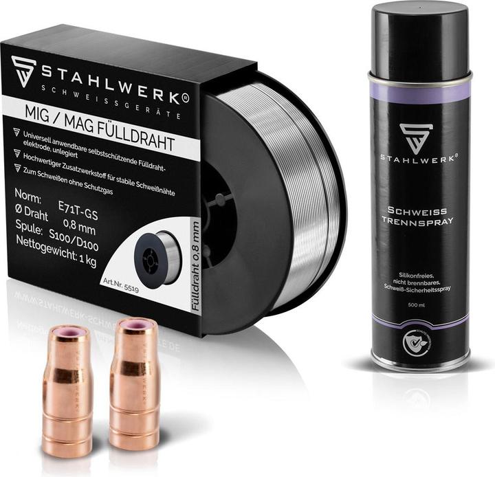 Produktbild Stahlwerk Fülldrahtdüse 2er Set + Fülldraht 0,8 mm 1 kg +  Trennspray