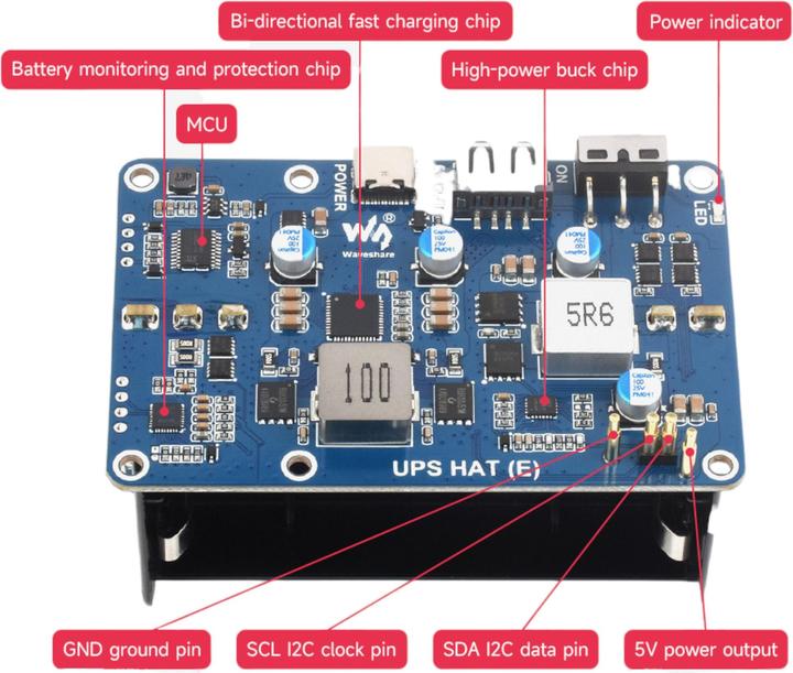 Actual product image WaveShare UPS HAT (E) 6A 4x21700 battery board for Raspberry Pi 5/ 4B/ 3B+