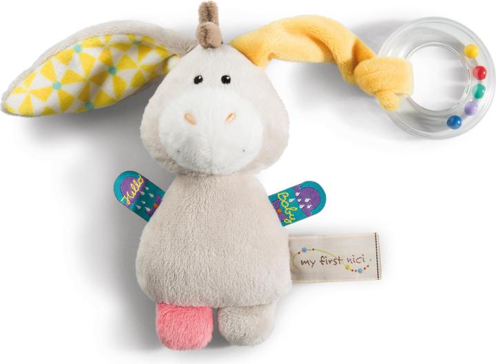 NICI 42080 - My First, cuddly toy donkey mule with ring rattle, 14, 5 x 7, 5 cm, beige