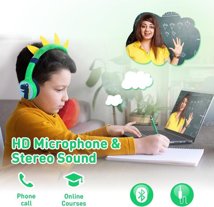 Image du produit PhoneLook Casque cool sans fil Bluetooth 5.3 pour enfants avec volume atténué 85dB et design amusant Dino