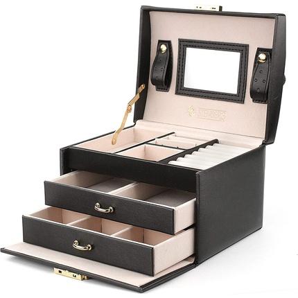 Stenberg Black Jewelry Box with 2 Drawers and Mirror - Lockable Jewelry Storage for Rings, Bracelets, Earring