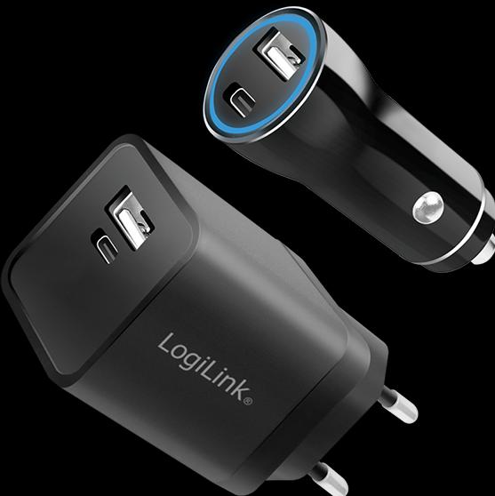Produktbild LogiLink USB-Ladeadapter-Set, Auto & AC, USB-C/F + USB-A/F, 5 V/15 W, schwarz