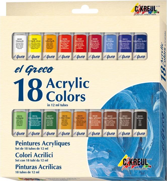 Produktbild Kreul EL GRECO - 18er-Acrylfarbenset (Echtgelb Zitron, Titanweiss, Lichtgrün, Laubgrün, Krapprot, Lichter Ocker, Karminrot, Umbra gebrannt, Ultramarinblau, Schwarz, Chromoxidgrün, Lichtblau, Kobaltblau dunkel, 216 ml)